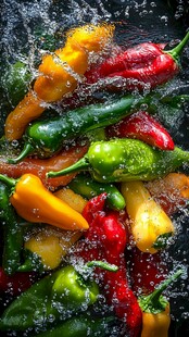 彩椒入水溅起晶莹水花