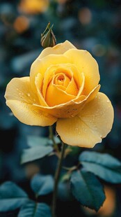 娇艳黄玫瑰带露绽芬芳