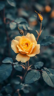 金黄玫瑰绽放于绿叶间