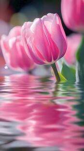 水中粉郁金香的柔美倒影