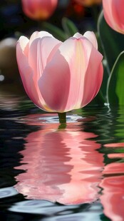 水中粉郁金香的美丽倒影