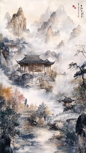 水墨山水间的古韵楼阁