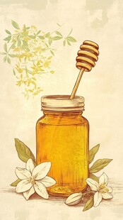 蜂蜜罐与花朵的温馨画面