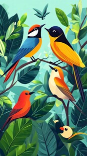 多彩鸟儿栖于繁茂绿叶间
