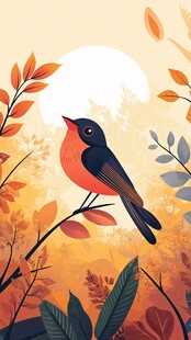 秋日枝头小鸟赏景图