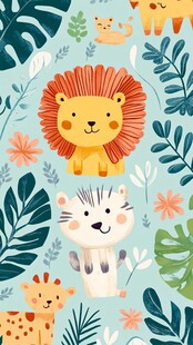 可爱动物与绿植卡通图案