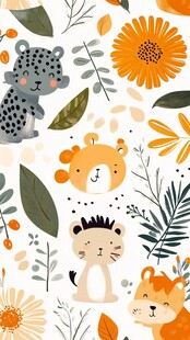 可爱动物与花卉卡通图案