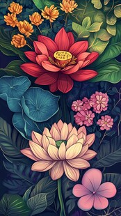 梦幻花卉 多彩莲花与花叶