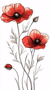 手绘红色罂粟花优雅插画
