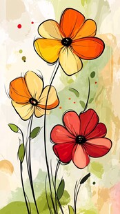 手绘三色花卉插画