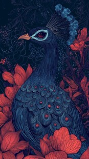 深蓝孔雀绽于红花卉间