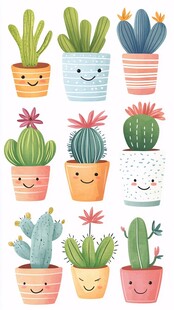 可爱笑脸仙人掌盆栽插画