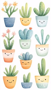 可爱笑脸盆栽插画集合