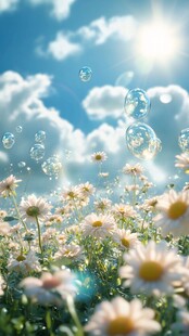 阳光下雏菊与梦幻泡泡