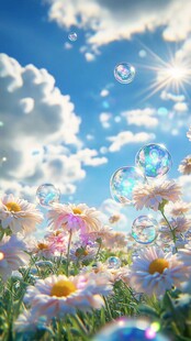 阳光下雏菊与梦幻泡泡
