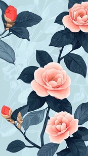 淡蓝背景下的柔美山茶花图案