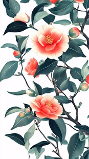 盛开的山茶花与绿叶图景