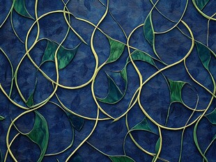蓝底藤蔓绿叶抽象图案