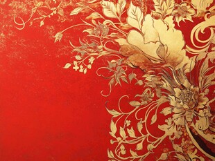 红色背景金色花卉装饰图