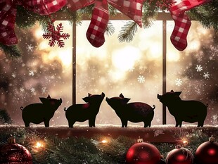 圣诞窗边的小猪剪影装饰