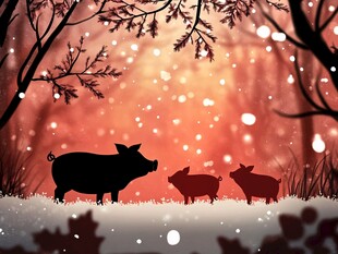 冬日猪群漫步森林剪影