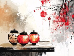 中式古风 灯笼与烂漫花枝