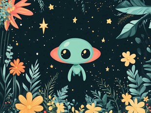 夜中萌趣外星生物与花草