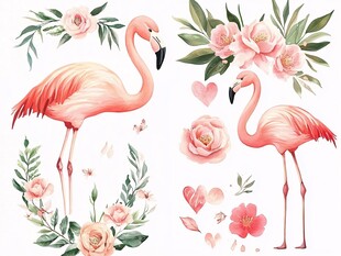 火烈鸟与花卉浪漫插画元素