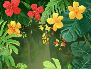 热带花卉与繁茂绿叶图景
