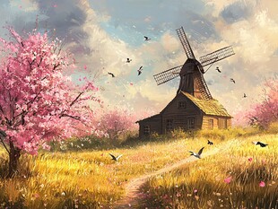 春日风车田园梦幻景致