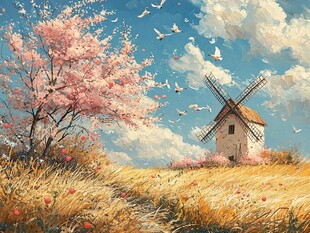 春日风车下的浪漫田园风光