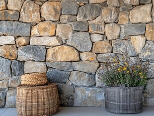 石墙旁的编织篮与花卉
