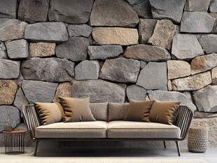 石墙前的舒适沙发空间