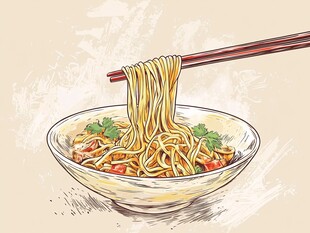 手绘美味面条被筷子夹起