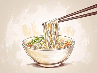 手绘美味面条特写