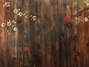 古风木板上的烂漫花枝