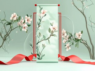 中式卷轴与烂漫花枝景致
