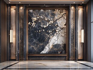 奢华大理石花鸟玄关背景墙
