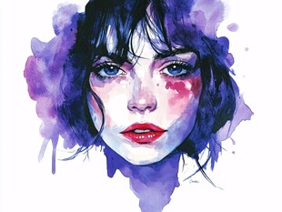 水彩绘就的梦幻少女面孔