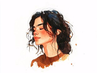 闭眼卷发女性水彩画像