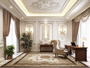 欧式奢华风格书房室内景观