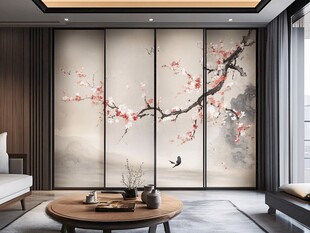 中式客厅梅花花鸟背景墙