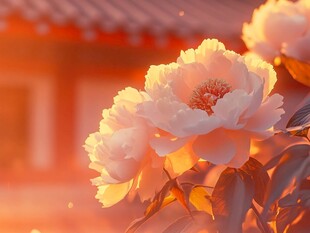 夕阳下盛开的娇艳牡丹花