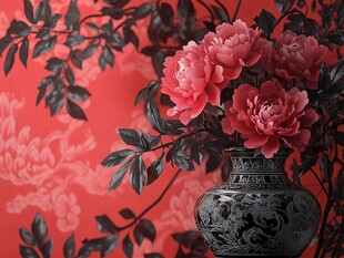 中式花瓶中的娇艳牡丹花