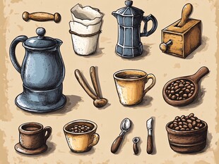手绘咖啡器具与用品集合