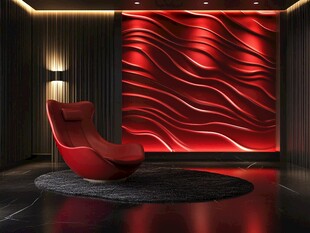 红色波浪墙前的时尚座椅