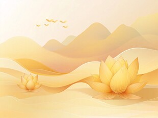 金色山水间的绽放莲花