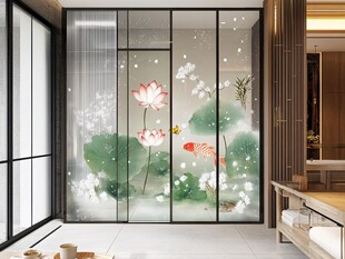 中式荷花锦鲤玻璃隔断