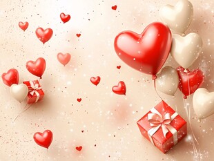 浪漫爱心气球与礼物场景
