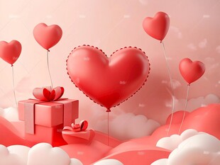 爱心气球与礼物的浪漫场景